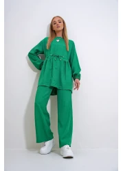 Trend Alaçatı Stili طقم تونيك بالازو للسيدات باللون الأخضر الزمردي وبنطلون برقبة دائرية مع حزام - ALC-X12299