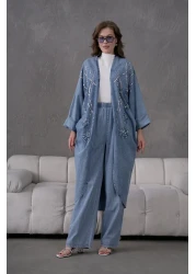 Miss Allos طقم كيمونو نسائي من قماش الدنيم المطرز بالترتر والترتر واللؤلؤ واللؤلؤ وسروال من قماش الدنيم