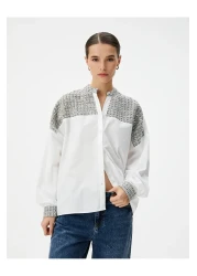 Koton قميص بوبلين بأكمام طويلة وياقة واقفة وتفاصيل من التويد وأزرار