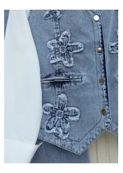 Modamorfo Patterned Skirt Elastic Waist Vest Skirt Denim Set - Ice Blue