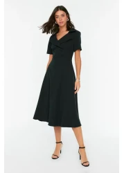  Collection Black Button Detailed Skater/Belt Opening Midi Woven Dress TWOSS22EL1185