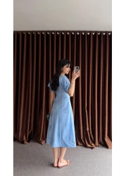 HAZELANNA Blue Dress with V Chest Detail