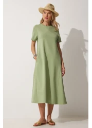 Happiness İstanbul فستان نسائي صيفي من القطن الممشط باللون الأخضر على شكل حرف A UB00060