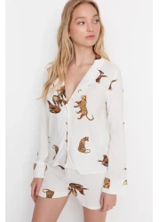  Collection Ecru Tiger Pattern Viscose Shirt-Shorts Woven Pajamas Set THMAW21PT0340