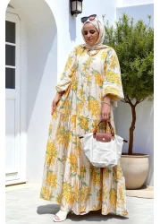 Aselim Hijap Moda فستان صيفي منقوش بالزهور من القطن باللون الأصفر