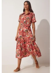 Happiness İstanbul Women's Brick Beige Patterned Summer Cotton Shirt Dress MX00100