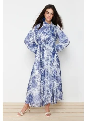  Modest Blue Floral Patterned Lined Long Chiffon Evening Dress TCTSS24EB00040
