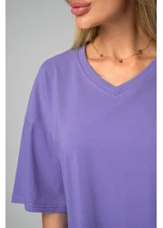 Happyfox V-Neck Unprinted Oversize Women's T-Shirt - Cotton and Lycra, Basic Blue Purple