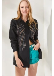Olalook Women's Black Sequin Sequin Detailed Oversize Shirt GML-19001106