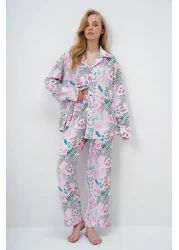 Trend Alaçatı Stili Women's Powder Piping Detailed Digital Printed Satin Long Shirt and Pants Pajama Set Pjm-X13913