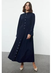  Modest Navy Blue Lacing Button Detailed Woven Shirt Dress Tctaw25Eb00087