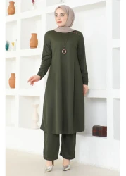 sefamerve Khaki Necklace Tunic and Trousers Set - 0580-04