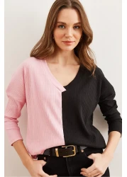 Olalook بلوزة نسائية باللون الوردي والأسود ذات ملمس ناعم BLZ- 19002780