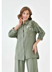 MVStore طقم قميص وبنطلون نسائي كبير الحجم من الكتان المطرز بنقشة الزهور