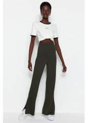  Collection Khaki Side Slits Flare/Spanish Leg High Waist Knitted Trousers TWOSS23PL00134