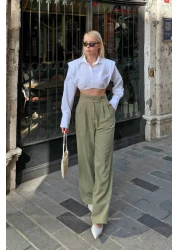 Swist Women's Palazzo Linen Trousers - Double Buttoned and Pleated