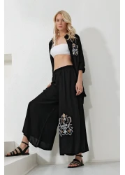 Trend Alaçatı Stili Women's Black Back and Front Embroidered Long Shirt and Loose Trousers Set ALC-X11915