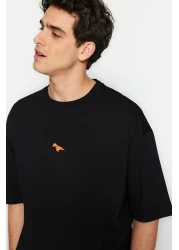  Collection تي شيرت قطني أسود كبير الحجم مع تطريز ديناصور - TMNSS23TS00243