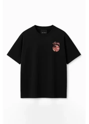 THE RULE Unisex Stüssy Kiss Printed Oversize 100% Cotton Wide Cut Textured Black Crew Neck T-Shirt Rf0512