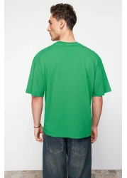  Collection Green Oversize/Wide Cut Dinosaur Embroidered 100% Cotton T-Shirt TMNSS23TS00243 TMNSS23TS00243