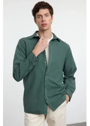  Collection قميص كاكي داكن للجنسين بقصة عادية - 100% قطن، مظهر كتان TMNSS23GO00099