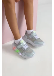 kids A more Valeria Silvery Air Mesh and Vegan Leather Lighted Sole Girls' Sports Shoes Ice Color