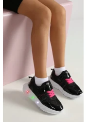 kids A more Valeria Glitter - Girl's Black Sports Shoes, Air Mesh and Vegan Leather, Lighted Sole
