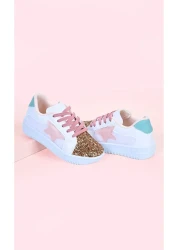 MECH BUTİK Girls' White Sports Shoes Pink Starry Gold Color Sequin Colorful Lace-Up Sneakers