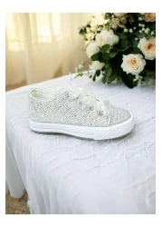 pediashoes Girl's Silver Color Stone Lace up Stylish Shoes