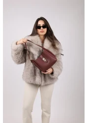 NOTHING Women's Burgundy Gold Lock Detailed Accessory Adjustable Lock Strap Handbag and Shoulder Bag