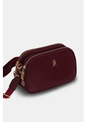 Les Crioch حقيبة كتف نسائية يومية من الجلد الساتان ذات 3 أقسام باللون العنابي مع حزام عمودي قابل للتعديل