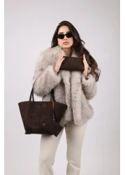 NOTHING Bitter Brown Suede Women's Bag - with Wallet, Makeup Bag, Lined, Large Size Hand and Shoulder Bag, Rosa