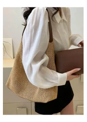 Katusa Women's Brown Mesh Braided Leather Shoulder Bag with Handle Detail and Puppy