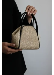 Mimoza حقيبة يد وكتف نسائية من الجلد الصناعي الأسود المزخرف بالقش