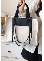 Madamra Black-Cream Women's Leather Detailed Canvas Tote Bag