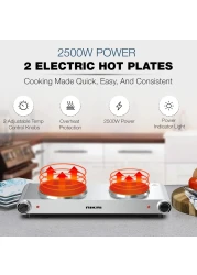 Radiotronics Double Hot Plate - Twin Cooktop, 2500W Power, Adjustable Thermostat, Overheat Protection, Die Cast Iron Hotplates, Stainless Steel Body, Easy Control, Power indicator light