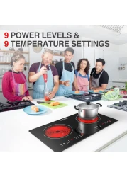 موقد كهربائي بشعلتين - موقد حثي مدمج بقوة ٢٨٠٠ واط مع تحكم باللمس بالإصبع، ١٢ مستوى طاقة ومؤشر لسخونة السطح - تسخين سريع ١٢٠ فولت للأواني/المقالي (أسود/فضي)