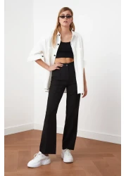  Collection Black Straight Cut High Waist Ribbed Stitched Woven Trousers TWOSS21PL0093