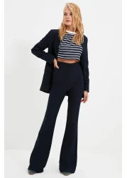  Collection Navy Blue Spanish Leg Flare Woven Fabric Trousers Tofaw19Bb0581