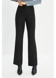  Collection Black Straight Cut High Waist Ribbed Stitched Woven Trousers TWOSS21PL0093