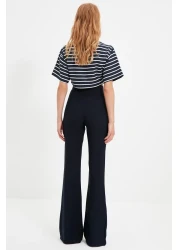  Collection Navy Blue Spanish Leg Flare Woven Fabric Trousers Tofaw19Bb0581