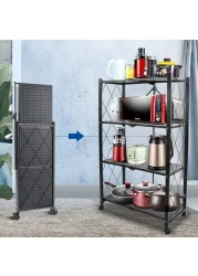 أرفف 4 أرفف للمطبخ والميكرويف قابلة للطي من دورين ، تخزين ، تروللي ، حامل معدني سلكي للمطبخ المنزلي (اسود ، 4 طبقات)