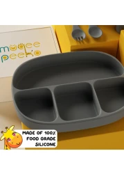 Muqee Peeko Baby Feeding Set 6 Piece Pebble Gray Includes Suction Bowl Plate Silicone Bib Spoon Fork for Toddlers Kids Dinnerware
