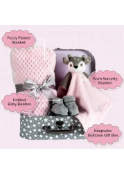 Baby Girl Gift Set New Born Baby Gift Baby Deer Fawn Security Blanket Soft Fleece Suitcase Keepsake Box Blanket Booties Baby Gift Basket Unique Present for Baby Shower Newborn Lovey