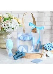 6 Sets Baby Shower Prizes for Winners Gifts Headband Hair Brush Jewelry Box Compact Mirror Powder Puff Hair Tie Claw Gift Bag Bridal Shower(Blue)