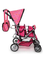 Exquisite Buggy Twin Doll Stroller with Diaper Bag and Swivel Wheels Adjustable Handle Pink Polka Dot Design