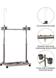 Bird stand, Adjustable stainless steel parrot stand Toy hook, Food bowls, Standing perch, Removable tray, and universal wheels, Bird play stand for indoor and outdoor 141 cm (Silver)
