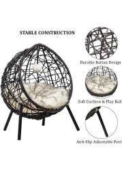 Rattan cat basket chair with soft comfy cushion and play ball, Luxury rattan pet furniture for indoor and outdoor use, Suitable for cats and small dogs 60 cm (Black)