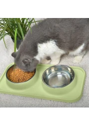 MahMir&reg; Cat Food and Water Bowls, Bowls Non-Skid and Non-Spill Silicone Mats with Stand, Removable Stainless Steel Water Dishes for Cats, Small Size Dogs (Olive Green)