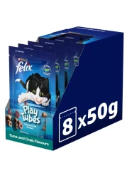 Purina Felix Play Tubes Tuna and Crab Flavours Dry Cat Treats, 50g Pack of 8